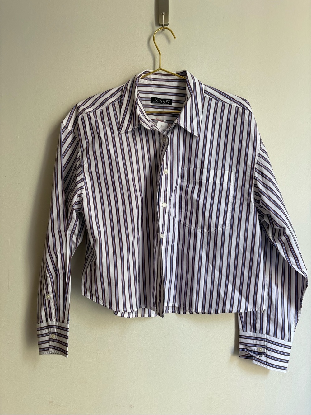 NWT J. Crew Cropped Boxy White Button-Down Shirt with Purple Stripes - Picture 4 of 5